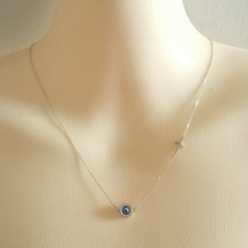 9ct white Gold necklace evil eye Cross double sided