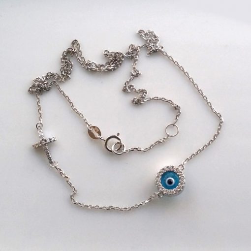 9ct white Gold necklace evil eye Cross double sided