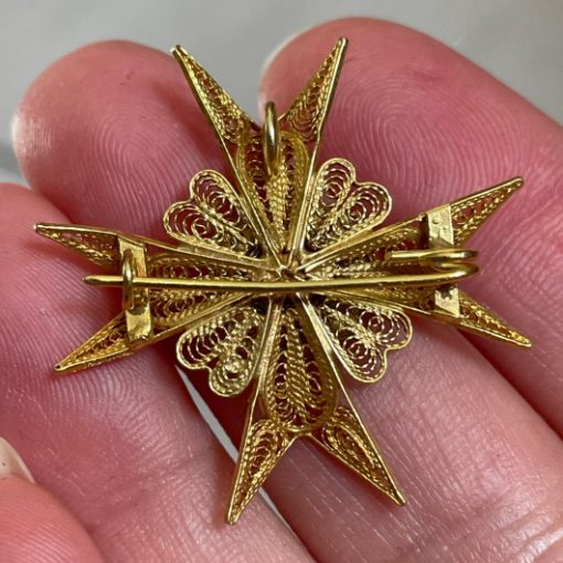 18ct Gold filigree Maltese Cross pendant brooch 3.2cm