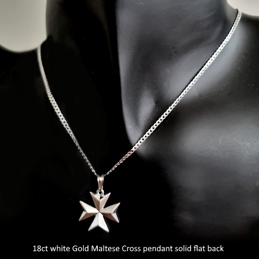 18ct Gold Maltese Cross pendant solid flat back white gold. Made in Malta.