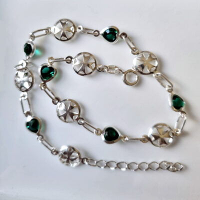 Sterling Silver Anklet double sided Maltese Cross green crystal